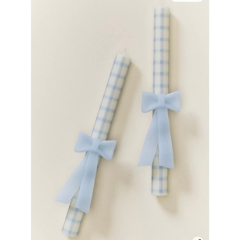 Anthropologie Gingham Blue Bow Taper Candles, Set of 2